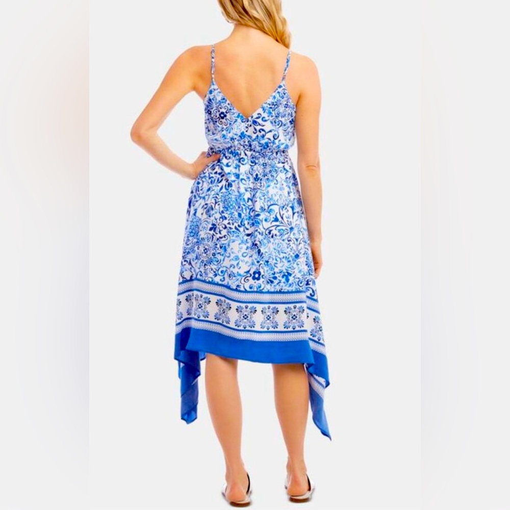 Karen Kane Santorini Blue and White Asymmetrical Sundress. Size Medium. - Picture 2 of 6